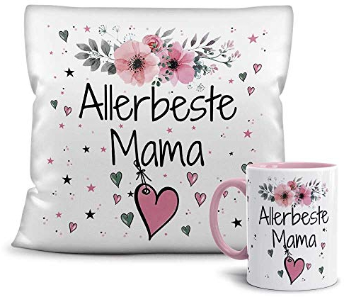 PR Print Royal Geschenk-Set aus Tasse und Kissen mit Füllung - Allerbeste Mama - Persönliche Geschenkidee für Beste Freunde, Verwandte und Familie - weiß/rosa