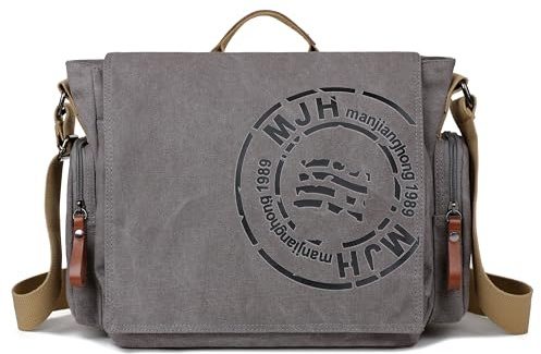 FSD.WG Borsa a tracolla da uomo in tela, borsa a tracolla da viaggio per laptop da 13,5 pollici, grande, grigio., L, Resistente ai