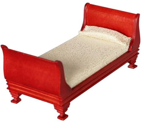 Healifty Puppenhaus Bett Holz Mini Rot Einzelbett Miniatur Vintage Möbel Modell Spielzeug 1: 12 Puppenhaus Schlafzimmer Wohnzimmer Zubehör Mikrolandschaft Dekoration