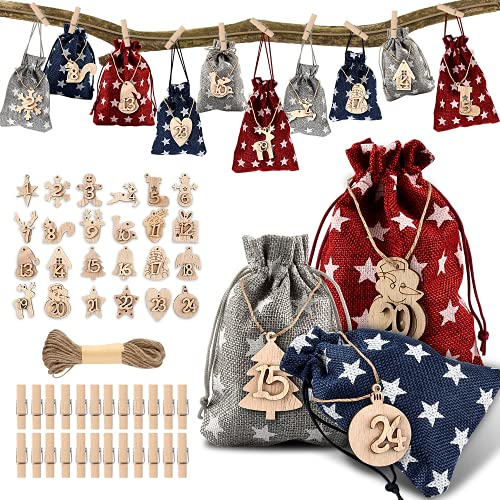 24 Adventskalender Zum Befüllen, DIY Weihnachten Adventskalender,Adventskalender Zum Befüllen Stoffbeutel, Weihnachten Geschenksäckchen, Mit Drawstring Weihnachten Stoffbeutel