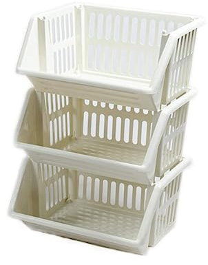 St@llion Set of 3 Stacking Basket Set Plastic Storage Rack Stand Stacking Storage Baskets for Vegetable Fruit Food Storage Basket Rack Organizer (Cream, Pack of 1), 21 x 23 x 13 cm