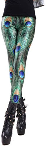 Rubberfashion Glanz Leggins Damen - Animal Print Leggings Muster Pfau Federn - metallic 80er Jahre für Frauen und Mädchen