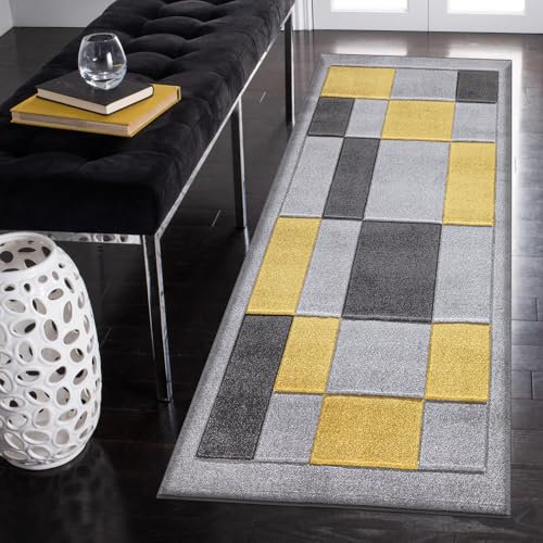 renoazul® Carpet Runner for Hallways, Kitchen, Living Room and Bedroom, 60 x 220 cm, Grey Ochra, Washable Durable Squared Design Carpet Runner