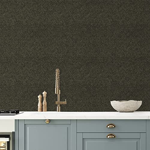 Large Size 30x236 Grasscloth Peel and Stick Wallpaper Black and Gold Textured Wallpaper Self Adhesive Herringbone Metallic Contact Paper Decorative Vinyl Wall Covering for Bedroom Bathroom CHICHOME