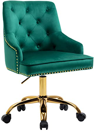 Sepnine Bürostuhl Samt, Schreibtischstuhl Aesthetic Mädchen, Schminkstuhl mit Rollen, Drehstuhl mit Goldenen Stuhlbeinen, Höhenverstellbar, Studie, Büro, Schlafzimmer, Bis 135 kg, Grün