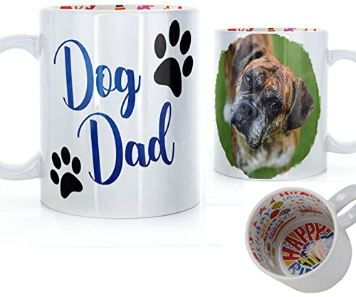 Hairyworm Personalised Mug, Custom Father Dad, (11oz) Happy Birthday Mug Customised with Photo 'Dog Dad' Paw Prints Design
