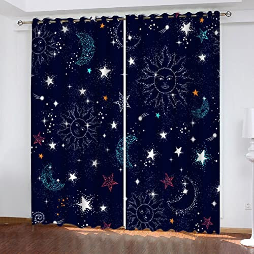 Vorhang Blickdicht mit Ösen Weltraum Galaxie Verdunkelungsvorhang 2er Set Sterne Mond Polyester Schallschutz Gardinen für Jungen Mädchen Kinderzimmer Dekoration vorhänge B 110 X H 95 cm