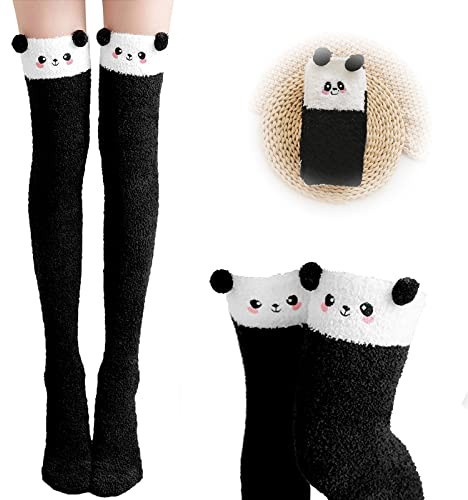 1 Paar Damen Lange Socken, KuschelSocken Kniestrümpfe, Kuschel Overknee Strümpfe, Mädchen Kniestrümpfe, Panda Socken, Kuschel Süße warm, für Damen und Mädchen, Einheitsgröße(Schwarz)