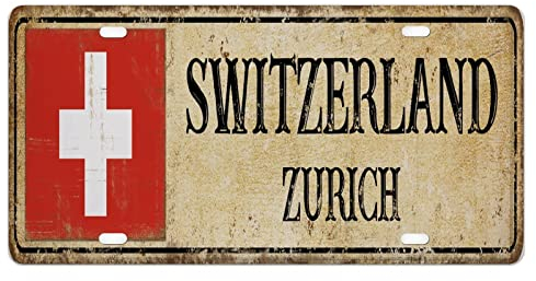 Country Souvenir Rustikale Nummernschildabdeckung im Vintage-Stil, Neuheit, Autoanhänger, Vanity-Geschenk mit 4 Löchern, Hauptstadt der Schweiz, Zürich, Aluminium, originelles Autoschild für Männer