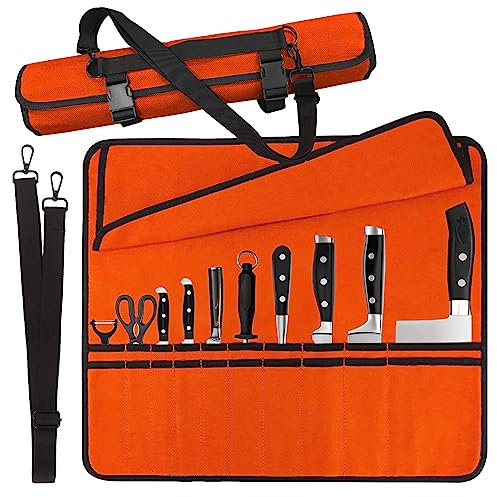 QIQU Orange Chef Knife Bag With 20 Slots Cutlery Knives Holders Protectors, Home Kitchen Travel Cooking Tools, Portable Canvas Knife Roll Storage Bag Chef Case for Camping or Working