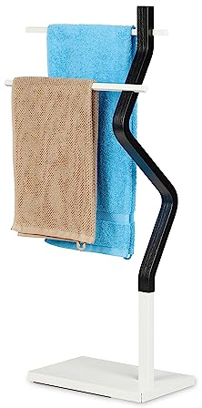 Relaxdays Piantana Portasciugamani, Autoportante, 2 Bracci, Acciaio MDF, Appendi Asciugamani, 85x43,5x20 cm, Nero Bianco