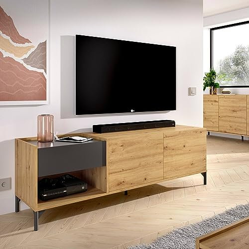 Dmora Mobile Porta TV Cengalo, Credenza Bassa da Soggiorno, Madia da Salotto per Televisione, 164x39h49 cm, Rovere Nodi e Antracite