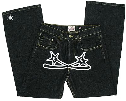Baggy Jeans Herren Y2k mit Print Hip Hop Baggy Star Cargo Jeans Pants Breite Hose mit Schrift Vorne, Baggy Loose Fit Schwarz Jeanshose Hosen Freizeithose für Jungs Männer