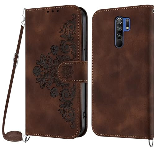 Netany Handykette Hülle für Xiaomi Redmi 9, Handyhülle für Xiaomi Redmi 9 Hülle mit Kette Klappbar, PU Leder Necklace Klapphülle und Umhängeband Lanyard Flip Stoßfest Schutzhülle mit Band (Braun)