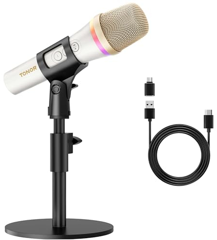 TONOR USB/Type C Dynamic Microphone for PC, RGB Podcast Computer Gaming Mic with Desktop Stand for Recording, Live, Streaming, YouTube, Singing, Studio, Karaoke Microfono with Quick Mute White