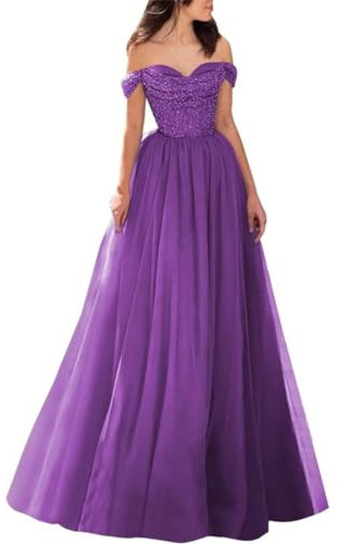 KURFACE Glitter formale Prom Dresses Tulle Ball Gown A Line Off Spalla Sera Abito da Sera per Junior WSX466 Viola UK14