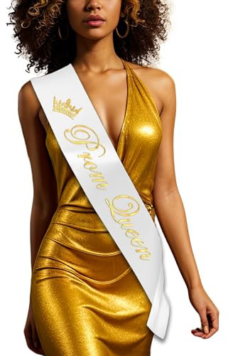 Prom Queen Sash, Satin, 160cm x 10cm each, White with Gold Text (Printed Front and Back)