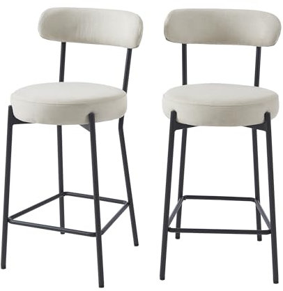 BAÏTA Lot de 2 tabourets de Bar NOA en Tissu Beige et Pieds en métal Noir