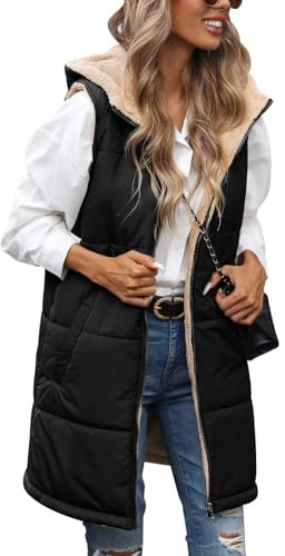 Tuopuda Gilet Donna Lungo in Pile, Smanicato Invernale con Cappuccio, Cappotto Senza Maniche Termico Giubbotto Imbottito Giacca con Cerniera e Tasche, Nero, L