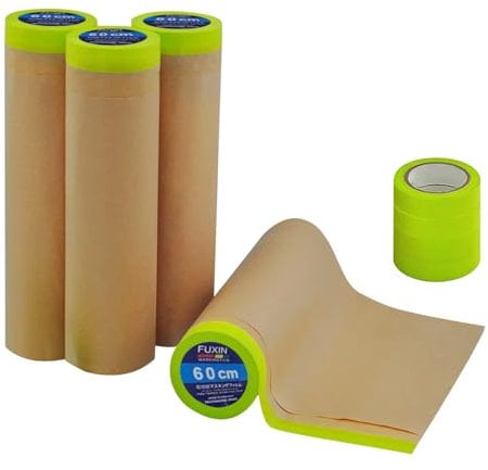 InnoStars Masking Paper for Spraying, Unfold 60cm x 15m Pre-Taped Tape and Drape, Adhesive Waterproof Protective Painters Film, for Car, Furniture & Floor(4 Rolls Covering Paper and 4 Rolls Tape)