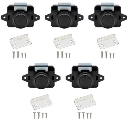 5PCS Push Button Latch Catch Drawer Replacement Keyless Door Lock Cupboard Door Motorhome Caravan Cabinet Knob Zinc Alloy Pop Up for 15-18mm Thickness Cabinet Boat Horsebox Camper Van RV Black