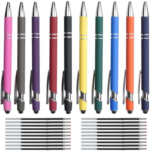 Hengxinchen Kugelschreiber Hochwertig, 10 Stk Super Haltbar Druckkugelschreibe mit 20 Stk Nachfüllungen, Kugelschreiber Set Bunte, 2 in 1 Ergonomische Kugelschreiber mit Touchpen für Büro und Haushalt