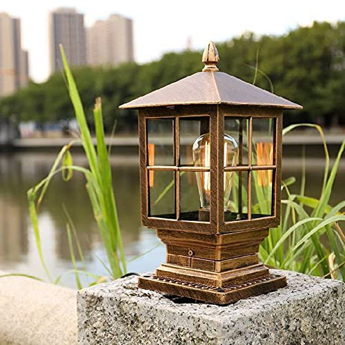 Mengjay Außen-Sockellampe,E27 Wegeleuchten Außen,IP23 Wasserdicht Außenleuchte Pollerleuchte Standleuchte für Garten,Antike Sockelleuchte aus Aluguss und Glas,Retro Gartenlampe (Braun)