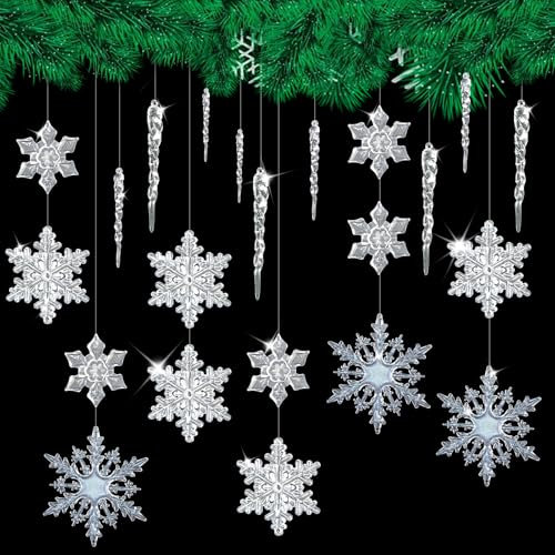 GETRICH 42 Piezas Adornos de Copos de Nieve de Cristal, 20 Piezas Copos de Nieve Decoracion Navidad con 20 Piezas Acrílico Carámbanos y 2 Rollos Hilo Elástico Transparente para Árbol de Navidad