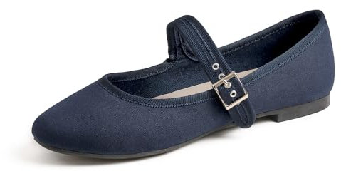 Feversole Women's Soft Breathable Mary Jane Memory Foam Cushioned Comfort Round Toe Metal Buckle Flats Walking Shoes Navy Canvas Size UK 6