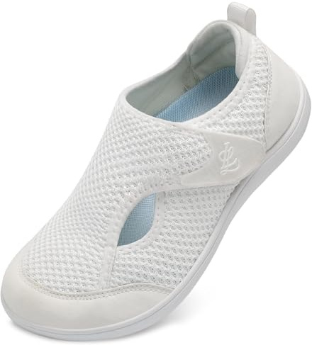 JOINFREE Women’s Wide Fit Barefoot Walking Shoes – Zero Drop Comfort Trainers with Adjustable Strap, Breathable Non-Slip Casual Shoes for Swollen or Sensitive Feet White 5 UK
