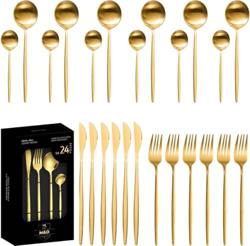 Cutlery Set 24-Piece Premium Stainless Steel Knife and Fork Sets Knife Fork Spoon, Service for 6 Easy Clean/Dishwasher Safe, Mirror Polished (Gold-Gift Box)