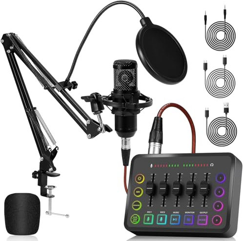 Podcast Mikrofon Bündeln, RGB Soundkarte für XLR Mikrofon, Audio Interface für Streaming Musiker, 48V Phantomspeisung, Mischpult für Live Streaming, Singen, YouTube, Gaming