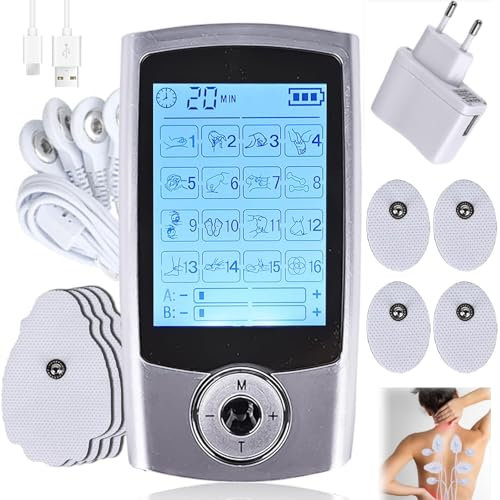 TENS Gerät 16 modi, Wiederaufladbare Reizstromgerät Gegen Schmerzen 16 Trainigsprogramme 20 Intensitätsstufen 2 Kanäle Premium Elektroden Pads EMS Gerät Schmerzlinderung Muskelentspannung (new16white)