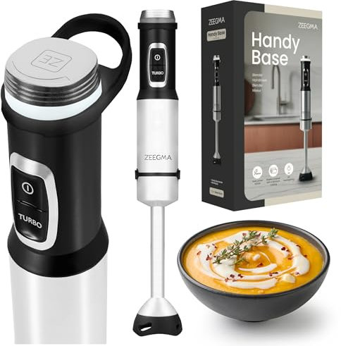 ZEEGMA HANDY BASE Mixeur Plongeant pour Soupes, Smoothies, Puissance 1500 W, Contrôle de la Vitesse Lames en Titane Nettoyage Facile Rétro-éclairage LED Poignée Ergonomique, Boîtier Chromé