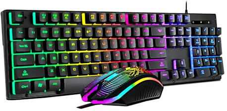 Gaming Keyboard and Mouse Set, 2 in 1 Bundle Wired LED Rainbow Backlight for Laptop, PC Gamers, Xbox, PS4 and Work- Black