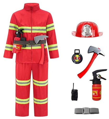 8 Pièces Deguisement Pompier Enfant Ensemble avec Chapeau de Casque et Extincteur Jeu de Rôle Déguisement pour Cosplay Carnaval Halloween Vêtement de Jeu Festival Costume Pompier Enfant 3-9 Ans