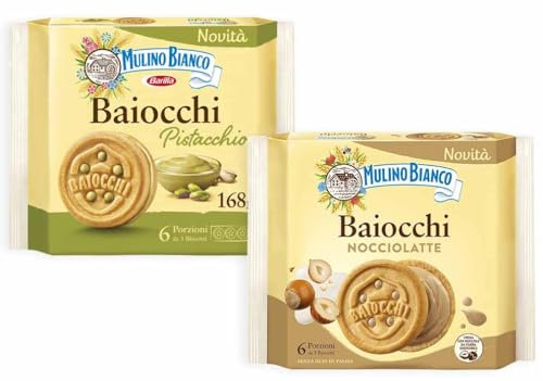 Mulino Bianco Mix Baiocchi Pistacchio e Nocciolatte Biscotti Ripieni di Crema al Pistacchio, Nocciola e Latte 168g