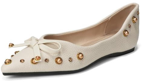 Eestfy Damen Ballerinas Spitz Zulaufende Schuhe Mit Niedrigem Absatz Und Schleifendetail Und Goldenen Nieten Für Frühling Und Sommer Tägliche Kleidung Weich,Offwhite,35 EU