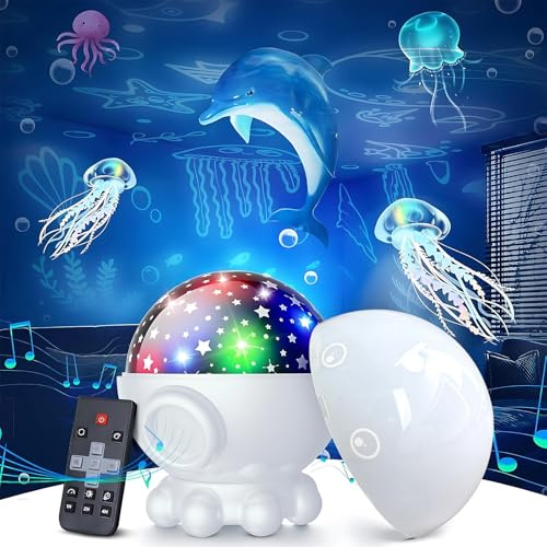 Octopus Night Light Projector -17 Light Modes Ocean Star Projector with 360° Rotation,3 Projection Films,9 Lullaby Songs, Night Lights with Remote&Timer for Birthday Holidays Gifts (White) (White)