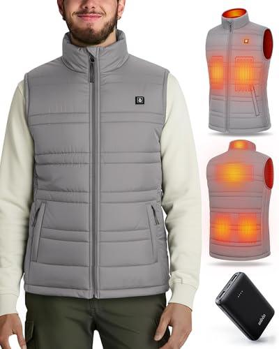 UNBON Gilet Chauffant Homme, Veste Chauffante Homme avec Batterie USB 10000mAh, Doudoune Chauffante Hommes sans Manches avec 3 Températures 6 Zones de Chauffage Électrique pour Moto Chasse, Gris, L