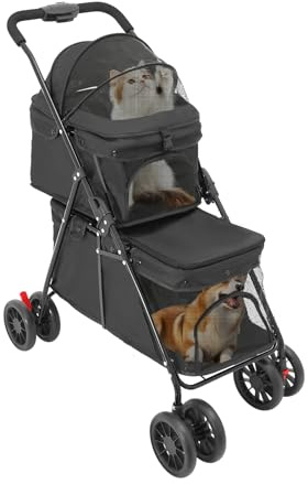 Carro de mascotas de 2 capas para perros y gatos, cochecito plegable de doble cubierta con ventana de malla, freno y bolsa de almacenamiento, estructura estable de acero de carbono, con capacidad de