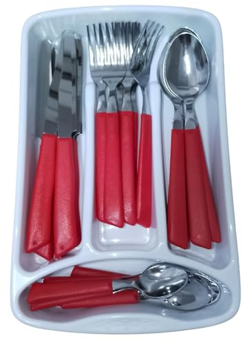 Servizio di Posate completo 24 Pezzi per tavola di 6 persone manico rosso in Acciaio Inossidabile Lavabili in Lavastoviglie Made in Italy in omaggio il Porta Posate da Cassetto