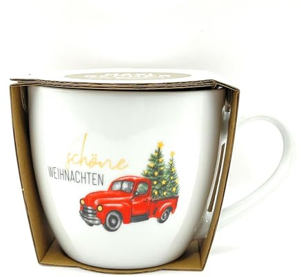 la vida GmbH Schöne Weihnachten Porzellan Kaffeetasse, Weiß mit Rotem Vintage Truck und Tannenbaum Design, Festliche Weihnachtliche Maxi Becher