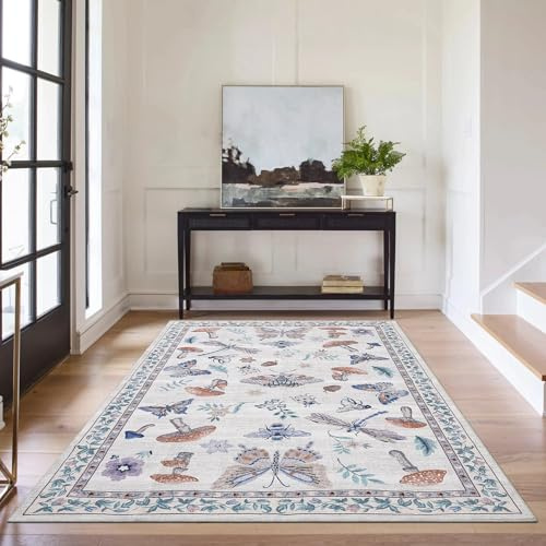 CAROMIO Schmetterling Teppich Wohnzimmer 140x200 cm Kurzflor Grauweiß | ca. 6mm Ultradünn, Waschbarer Teppich für Schlafzimmer Kinderzimmer, rutschfest, pflegeleicht, faltbar, pilzteppich