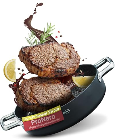 RÖSLE EBONIC Servierpfanne mit Deckel 28 cm – Schmorpfanne 28 cm hoher Rand – ProNero Keramik Antihaftbeschichtung mit Edelstahl-Wabenstruktur – PFAS-freie Servierpfanne Induktion – für alle Herdarten