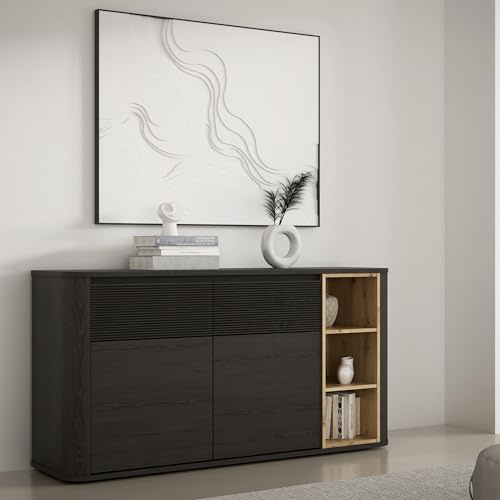 Forte BREATHTAKER Sideboard 160, modern minimalistisch, 2-türig, 2 Schubladen, Regalfach, Reliefstruktur, Holzwerkstoff, Schwarz/Artisan Eiche Holzdekor, 160 cm breit x 83,1 cm hoch x 41,3 cm tief