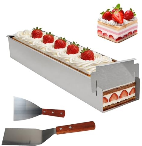Molde de Tiramisu Aluminio, Marco para Hornear Rectangular Ajustable, Molde Rectangular Antiadherente con Parte Lateral Extraíble, con 2 Rascadores, para Tartas de Mousse, Brownie, Tiramisú y Pan