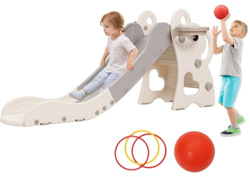 Kinder Rutsche ab 1 Jahr, Kinderrutsche mit Basketballkorb Ringwurfspiel, Gartenrutsche Kleinkinderrutsche für Indoor Outdoor