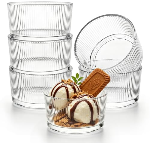 LONTOM 6 Pack Dessert Glasses, 200ml Ice Cream Bowls Glass Striped Dessert Bowls, Round Clear Small Glass Ramekins Serving Bowl for Sundae, Ice Cream, Snacks, Fruits, Dips Microwave Dishwasher Safe