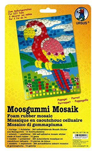 Ursus 8770016 - Moosgummi Mosaikbild, Papagei, ca. 23 x 16 cm, Set mit vorgedrucktem Motiv, Aufsteller, 384 Moosgummi Sticker in 6 Farben und 15 Schmucksteine